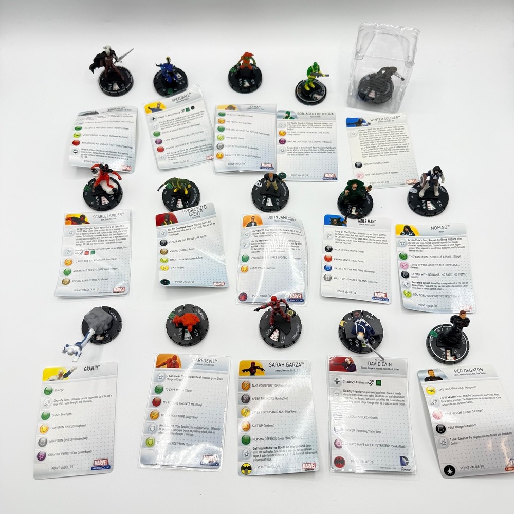 Heroclix Marvel Uncommon,‎ Super Rare, Unique Mixed Lot of 15 with Cards Lot L